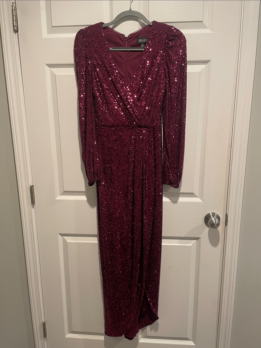 Xscape Cranberry Sequin Wrap Maxi Dress